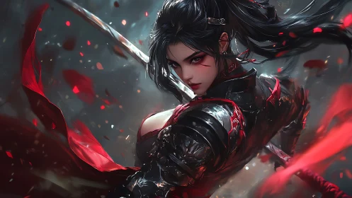 Female swordswoman in dark armor with red accents in motion.