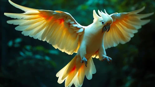 Cockatoo in flight with glowing wings, vibrant forest background.