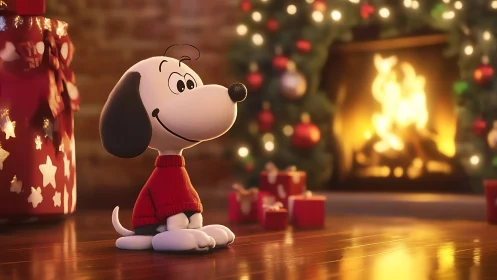 Cartoon puppy enjoys cozy Christmas warmth by fireplace