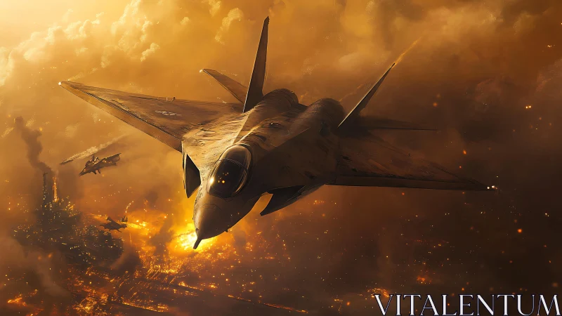 Stealth jet aircraft over illuminated urban conflict zone.