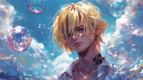 Blond anime boy emerges through shimmering sky bubbles