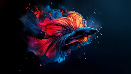 Vibrant betta fish with flowing fins on dark background.