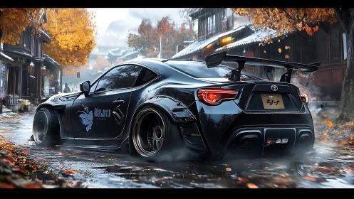 Widebody Toyota coupe drifts through wet autumn street.