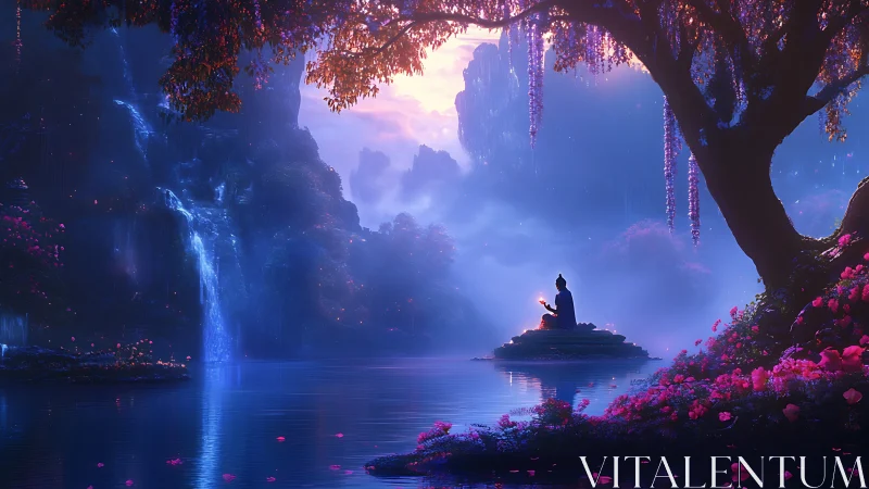 Meditating figure by glowing waterfall in fantasy valley.
