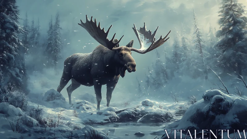 Majestic bull moose dominates frozen alpine forest clearing.