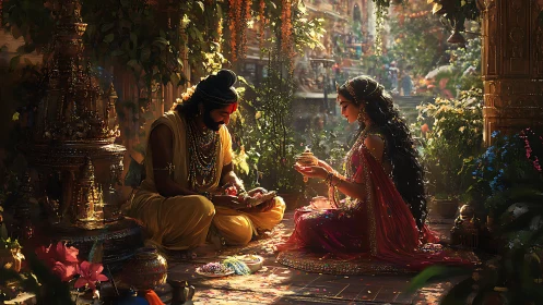 Royal couple share sacred offerings in a sunlit temple garden.