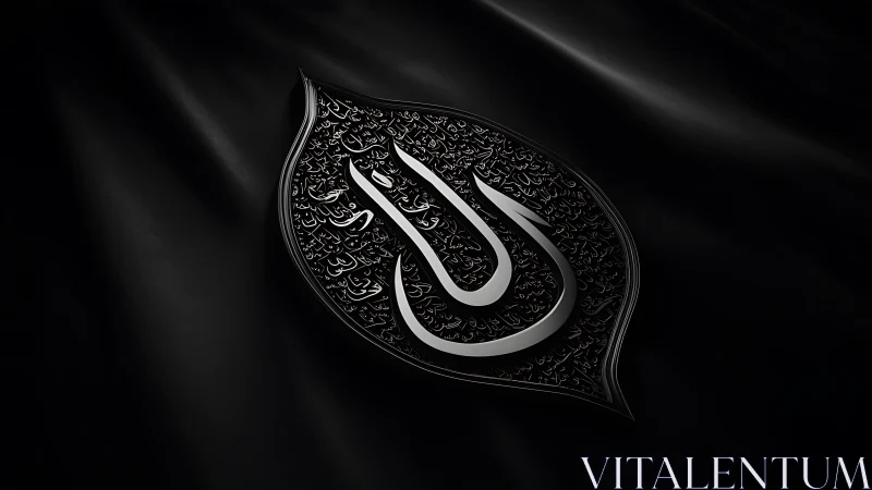 Monochrome Islamic calligraphy emblem with sculpted metallic relief.