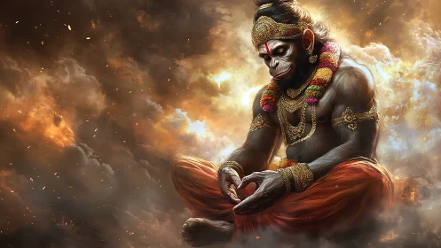 Celestial monkey warrior in fiery clouds of tranquil power.