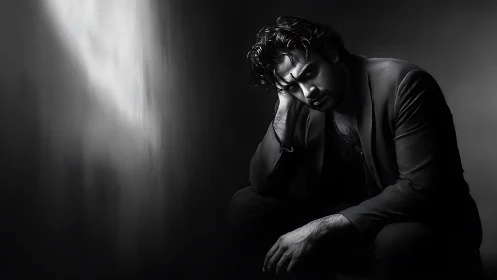 Quiet moment of reflection with a man in soft shadows.