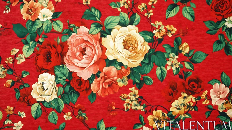 Bold peony bouquet pattern covers vivid red textile ground