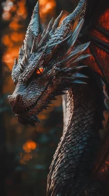 Infernal dragon close-up with molten ember eyes in forest.