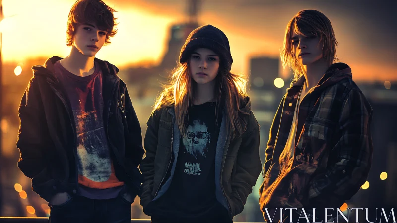 Urban rooftop teens in cinematic golden-hour glow.