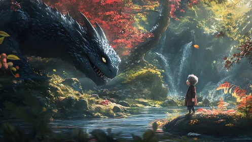 Quiet forest meeting between a shy child and curious dragon.