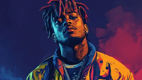 Bold digital portrait of confident man in neon lighting