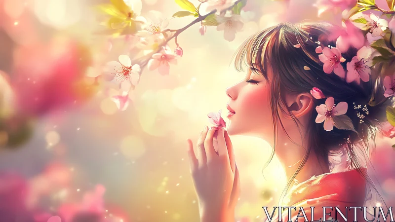 Profile portrait of woman with cherry blossoms outdoors.