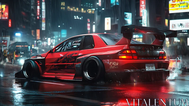 Cyberpunk drift car in neon-soaked Tokyo street, rear view focus.