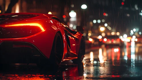Red supercar idles on wet city street under night rain