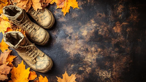 Military boots rest on textured dark surface with leaves