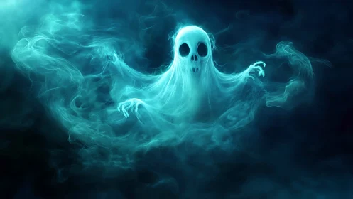 Whispering phantom of teal mist swirling in moonless dark.