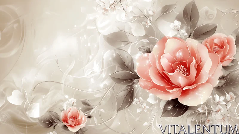 Elegant Coral Roses Bloom in Soft Ethereal Garden Setting.