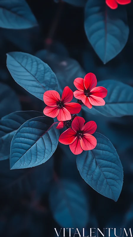 Vibrant Blooms Dance Among Cool Blue Leaves.