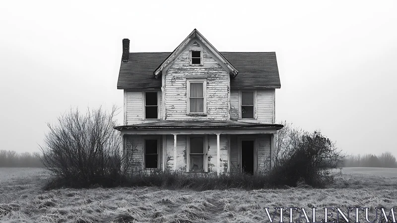 Weather-beaten farmhouse lingers like a ghost in grayscale fog