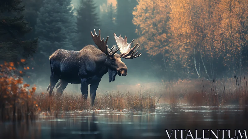 Moose monarch wandering through misty autumn shallows.