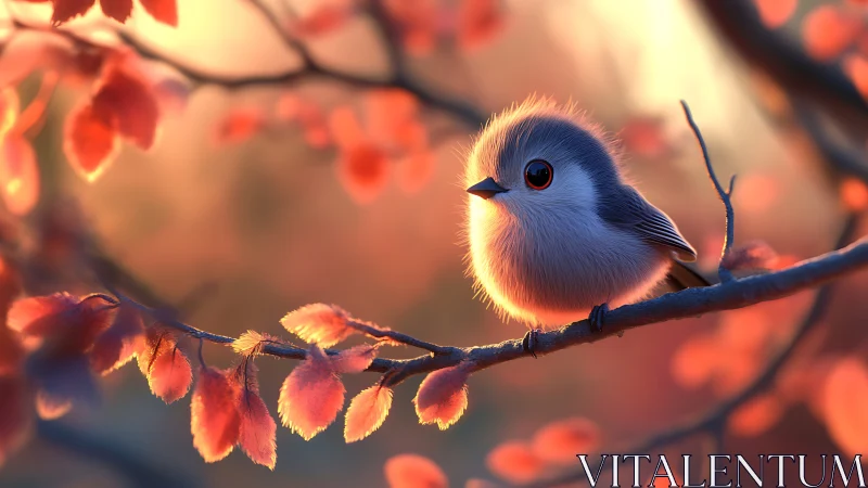 Delicate Blue Bird Perched Among Golden Autumn Leaves.