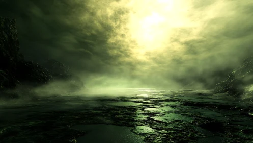 Toxic green shoreline under burning diffuse alien light.