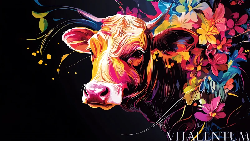 Colorful cow portrait blooming with joyful floral energy.