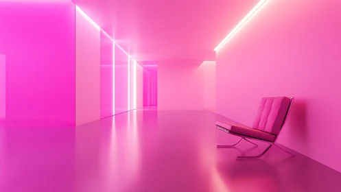 Monochromatic pink corridor with minimalist lounge chair.