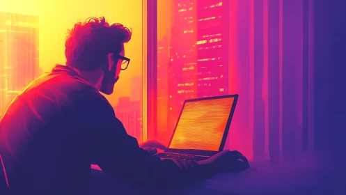 Neon-lit programmer silhouette working at glowing laptop.