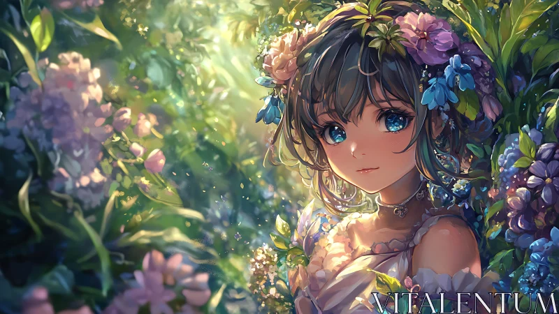 Floral fantasy portrait of blue-eyed girl in glowing garden.