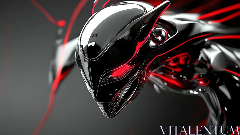 Chrome biomechanical creature head with red glowing eyes.