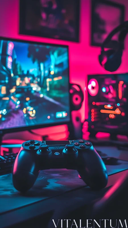 Neon-drenched gaming sanctuary with controller at the helm.