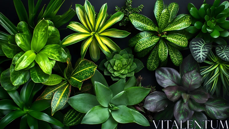 Top-down botanical array of succulent and foliage rosettes.
