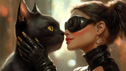 Cyberpunk Portrait: Woman with Black Cat in Digital Illustration.