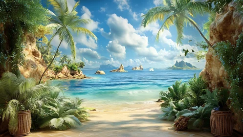 Tropical Cove with Island Views Through Rock Archway