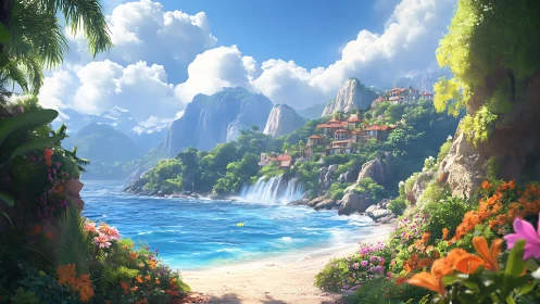 Cliffside Paradise Beach with Waterfall and Mountain Architecture.