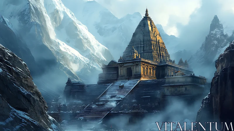 Stone temple complex in misted high mountain landscape.