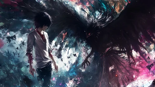 Brooding anime boy confronts a dark raven spirit in chaos
