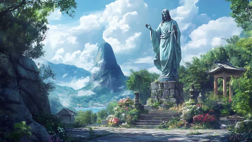 Mountain sanctuary with towering statue in lush valley.