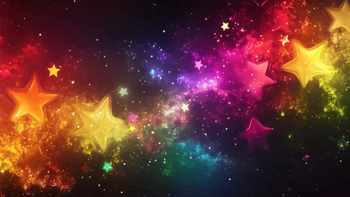 Shimmering rainbow stars drift gently through a dreamy night sky