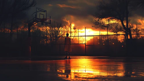 Solitary player stands on wet court under burning sunset sky