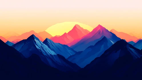 Sunlit polygonal mountains compress depth with chromatic gradients