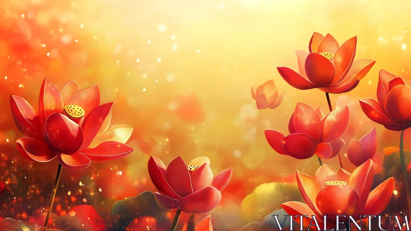 Red Lotus Flowers in Golden Light.