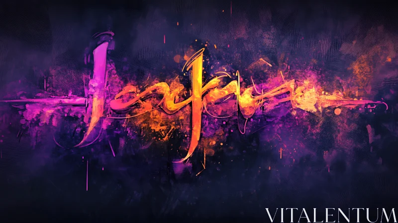 Neon calligraphy streak cuts through dark cosmic backdrop