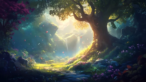 Enchanted forest clearing with glowing ancient tree center