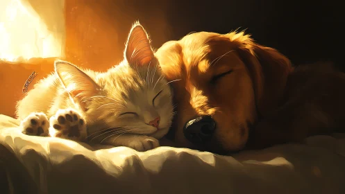 Golden-Lit Cat and Dog Sleeping Peacefully Together.