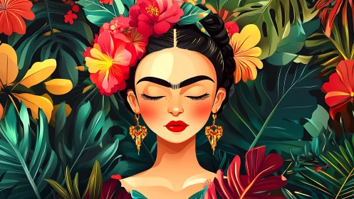 Portrait of woman with floral crown in tropical foliage.